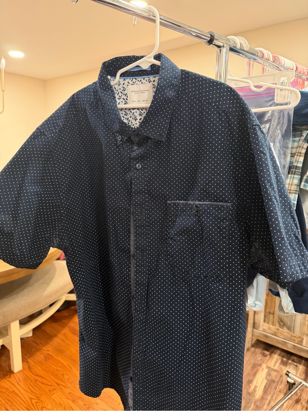 Denim & Flower Navy Short-Sleeve Shirt Jacket with Microdot Print